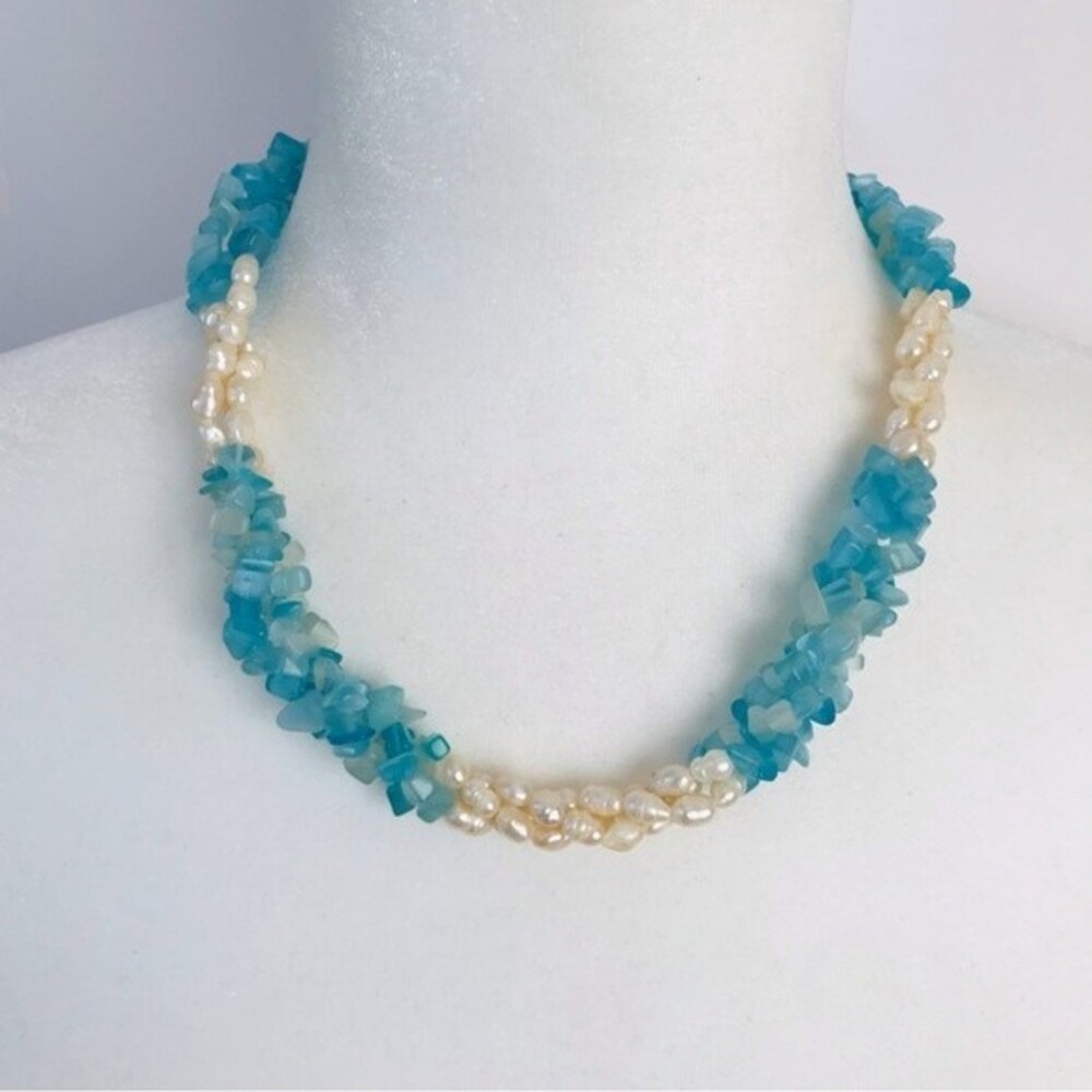 Triple Strand Aquamarine Bead and Freshwater Pearl Torsade Necklace